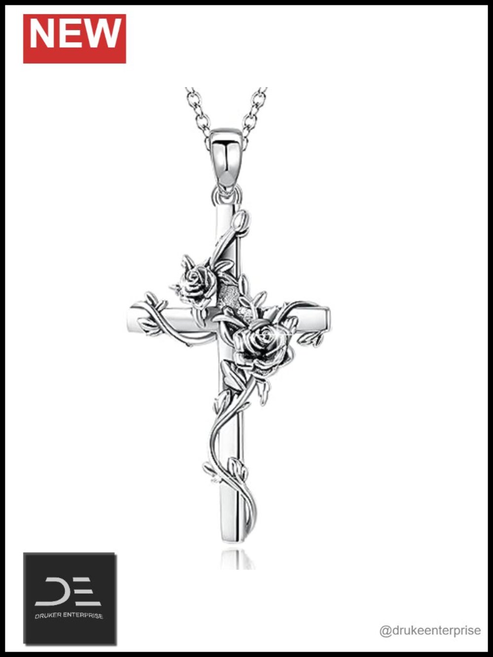 925 Sterling Silver Rose Cross Pendant Necklace Religious Faith Jewelry Gift